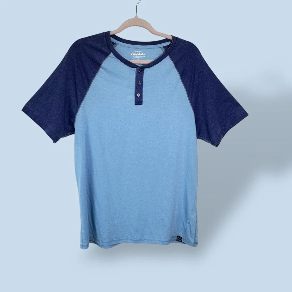 Flag & Anthem‎ Mens Henley Raglan Short Sleeve T-Shirt Blue Colorblock Size Med